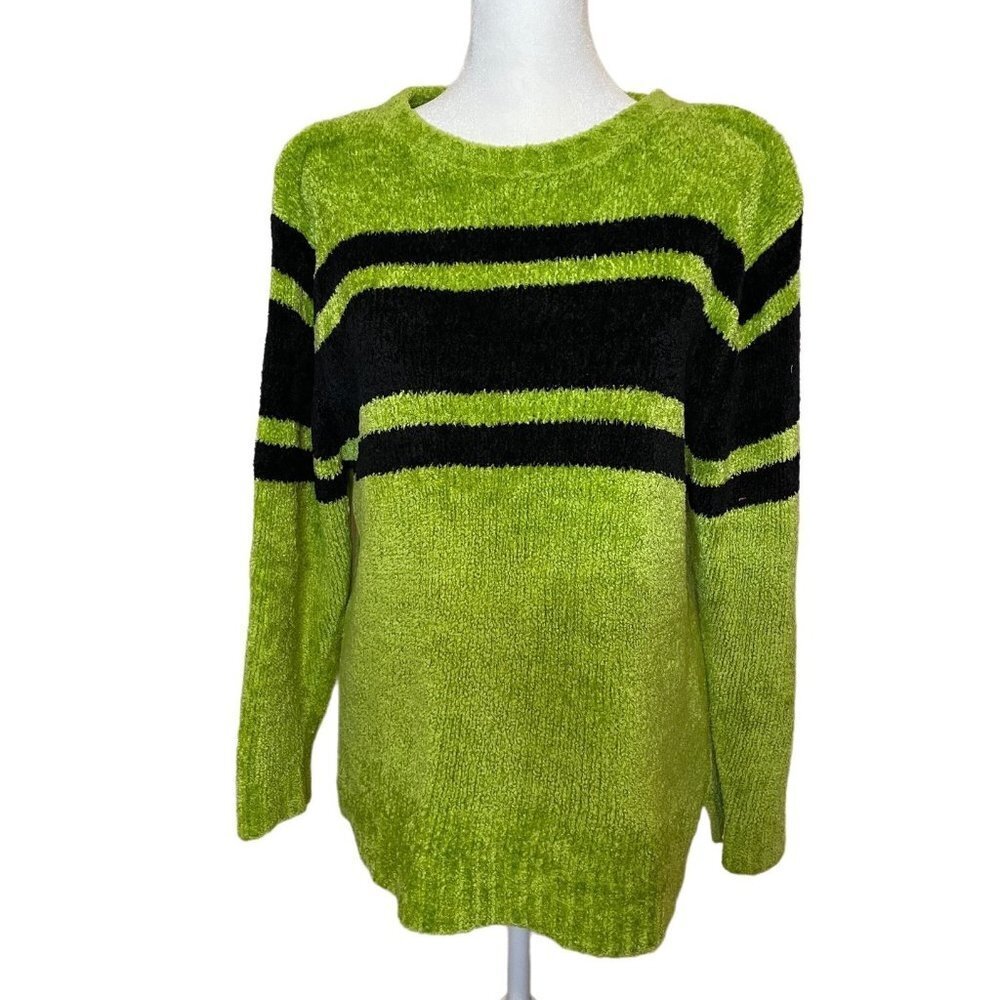 Bright Green Black Velour Long Sleeve Pullover Sweater Sz S